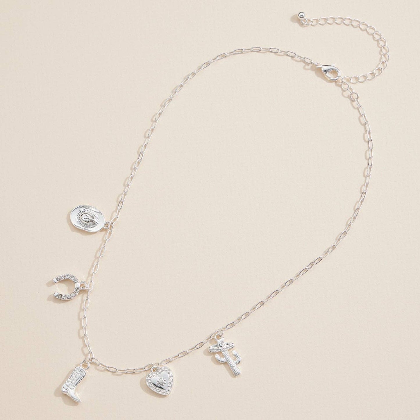 Western Charm Necklace with Horseshoe, Boot, Heart & Cactus