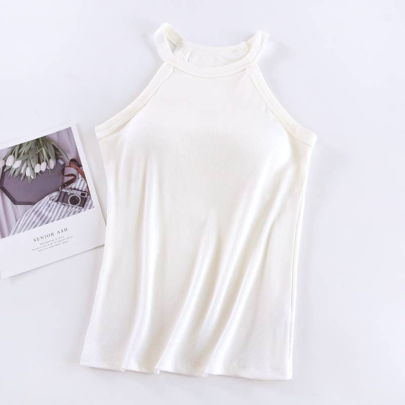 Basic Round Neck Halter Rib Knit Built-In Bra Tank Top
