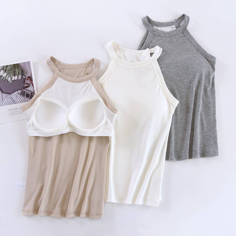 Basic Round Neck Halter Rib Knit Built-In Bra Tank Top
