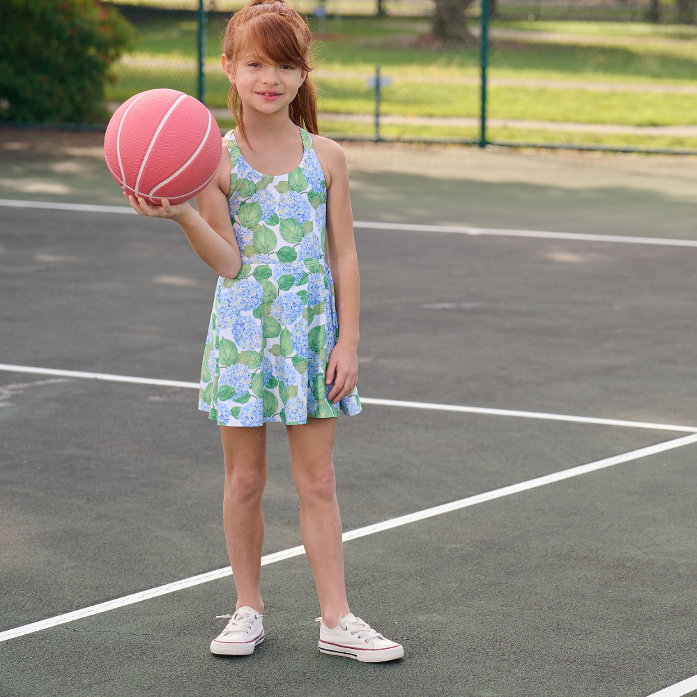 Girls Spring Summer Halter Tennis Dress - Blue Hydrangeas