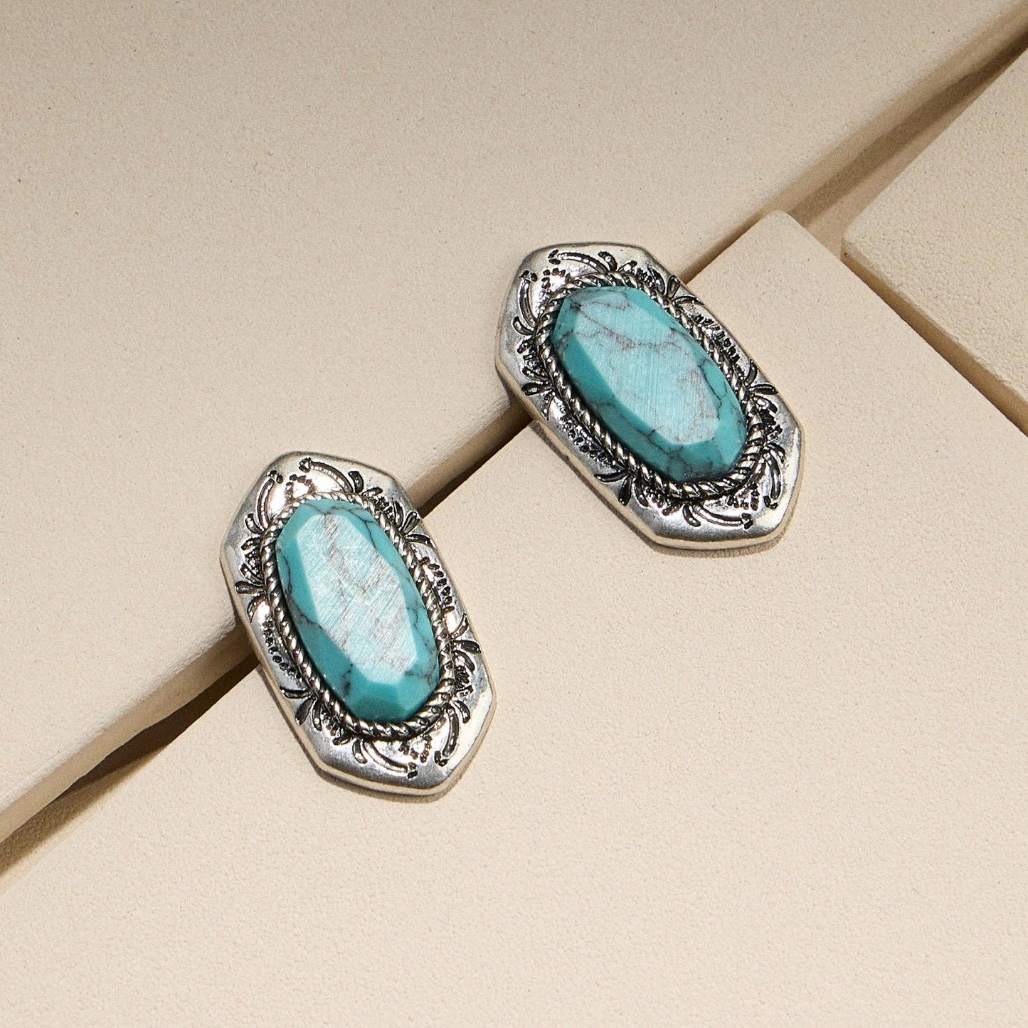 Oval Turquoise Studs with Silver Tone Frame
