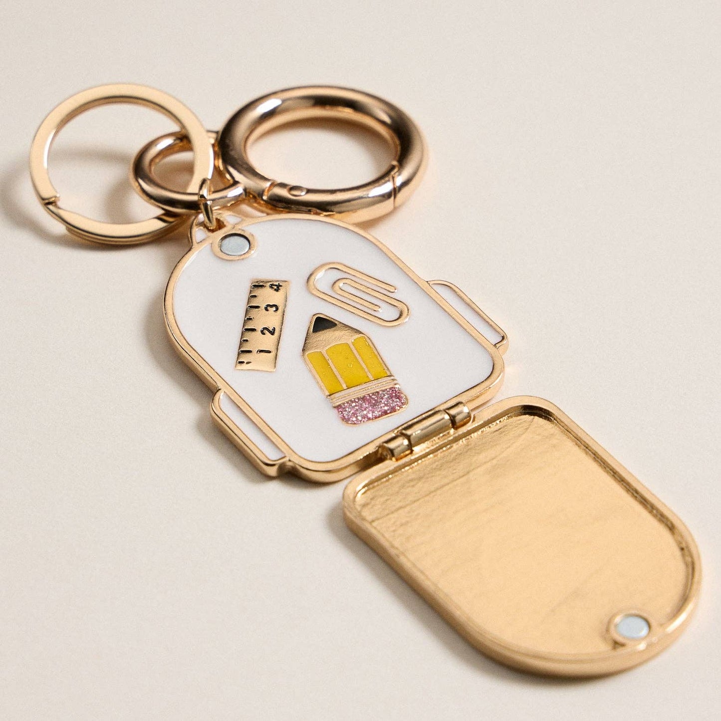 Gold Backpack Locket Keychain with School Supply Icons