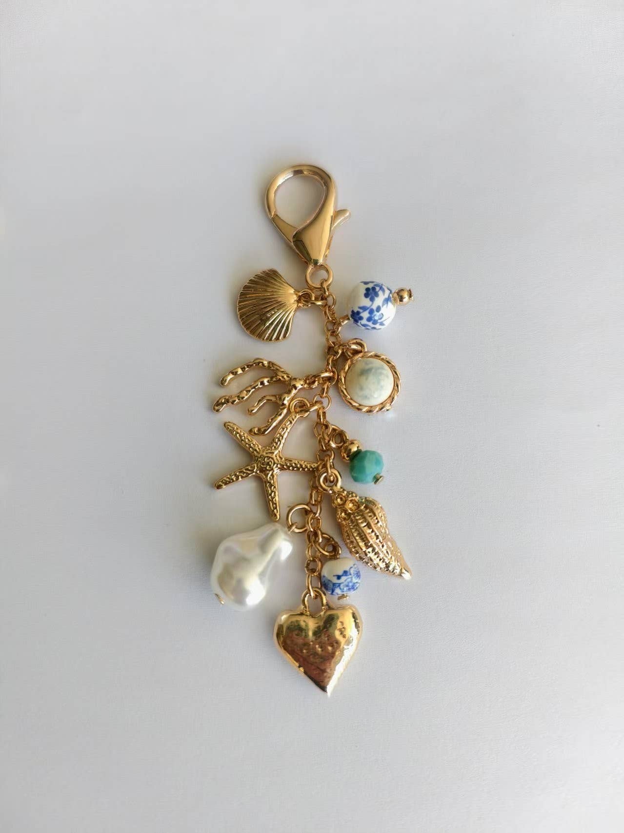 Porcelain Sea Life Pearl Heart Turquoise Bead Bag Charm
