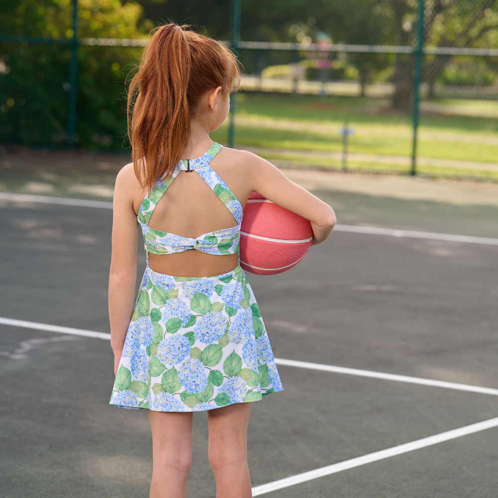 Girls Spring Summer Halter Tennis Dress - Blue Hydrangeas
