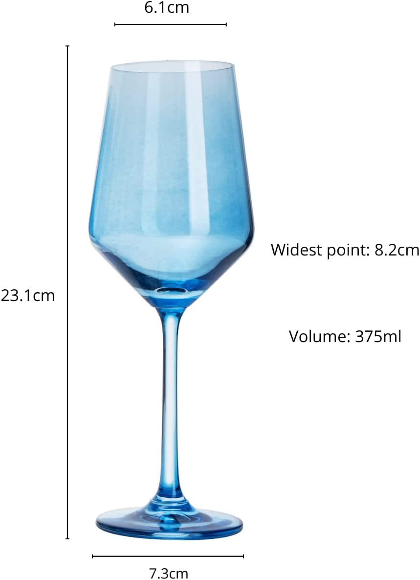 Set of 2 Blue Colored Wine Glasses - 12 oz Hand Blown