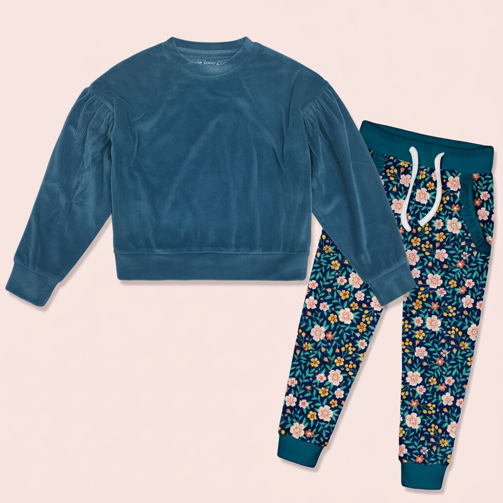 Kids Teal Velour Sweatshirt & Floral Jogger Set