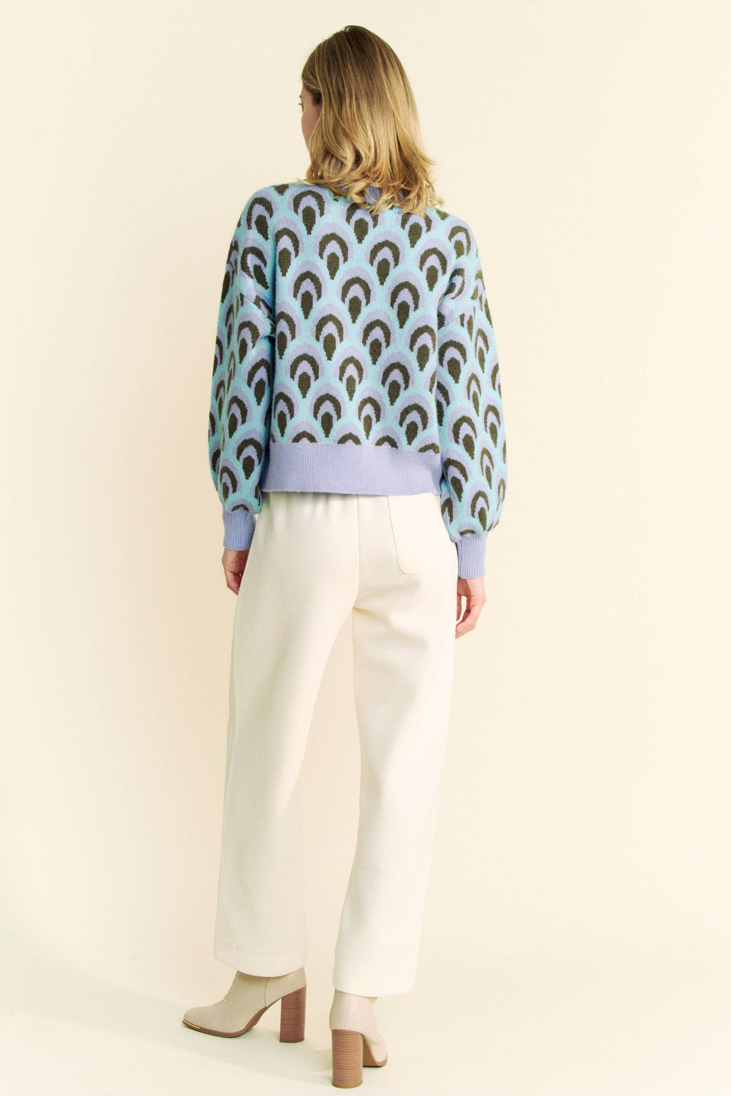 Scale Jacquard Round Neck Loose Fit Knit Sweater
