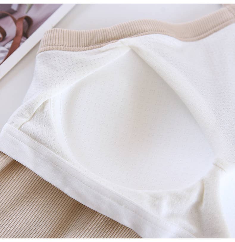 Basic Round Neck Halter Rib Knit Built-In Bra Tank Top