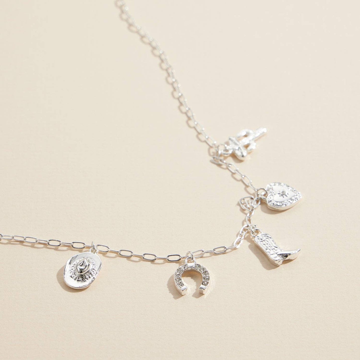 Western Charm Necklace with Horseshoe, Boot, Heart & Cactus