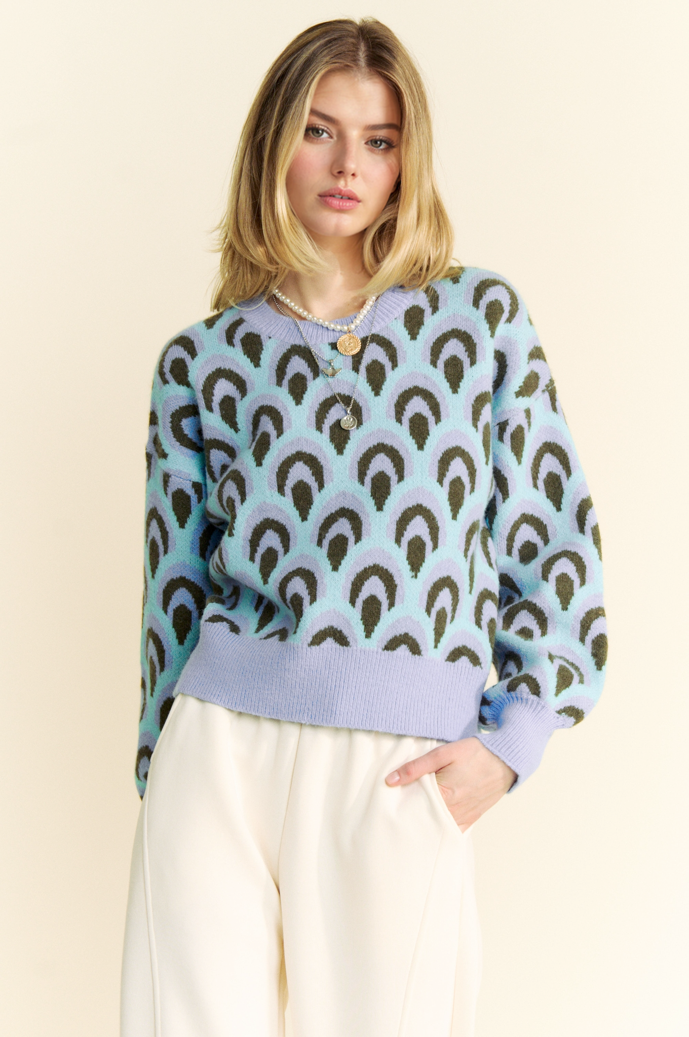 Scale Jacquard Round Neck Loose Fit Knit Sweater