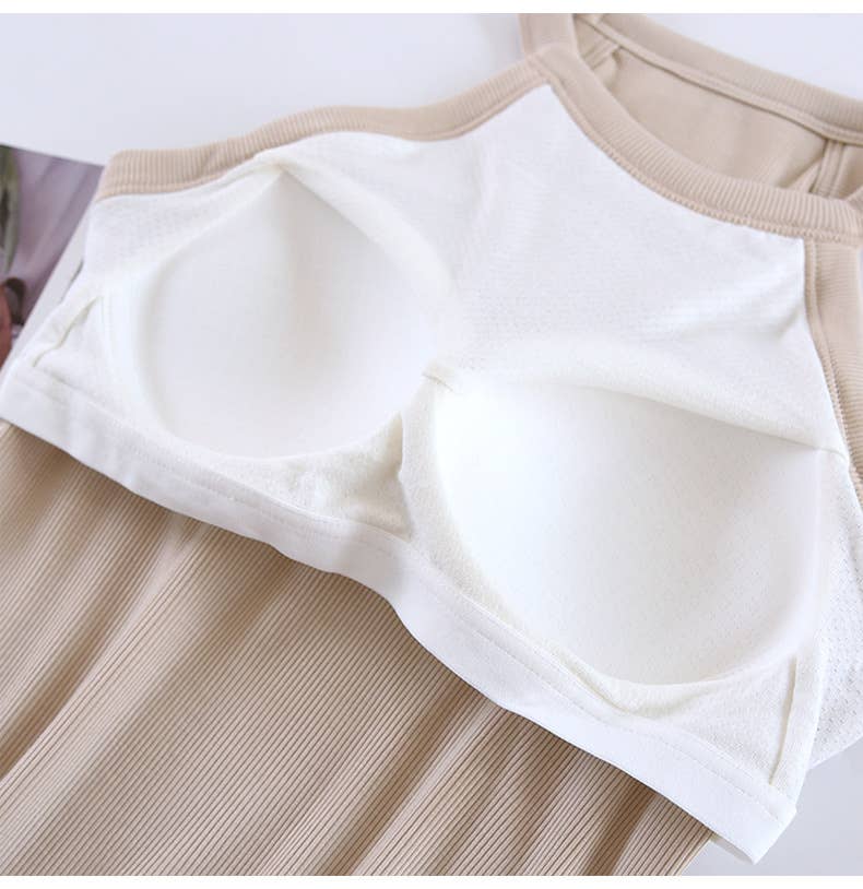 Basic Round Neck Halter Rib Knit Built-In Bra Tank Top