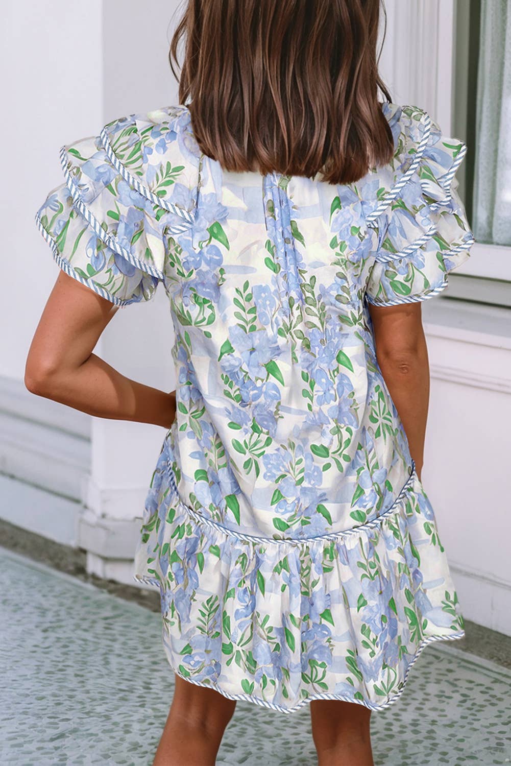 Floral Contrast Edge Layered Short Sleeve Mini Dress