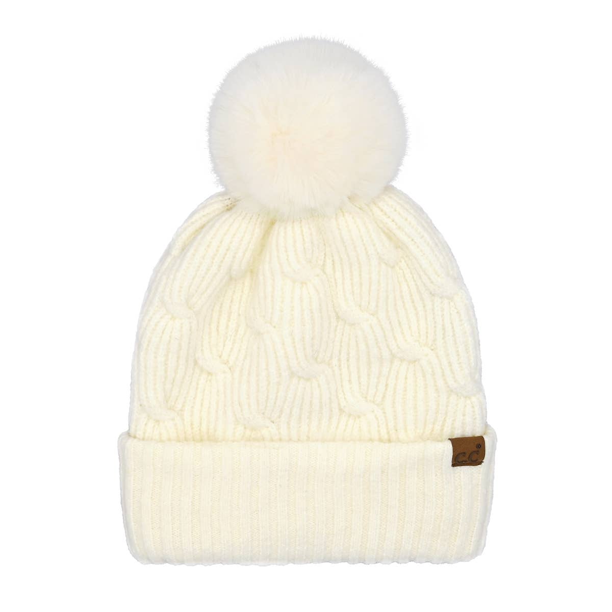 Cable Knit Faux Fur Pom Pom Beanie