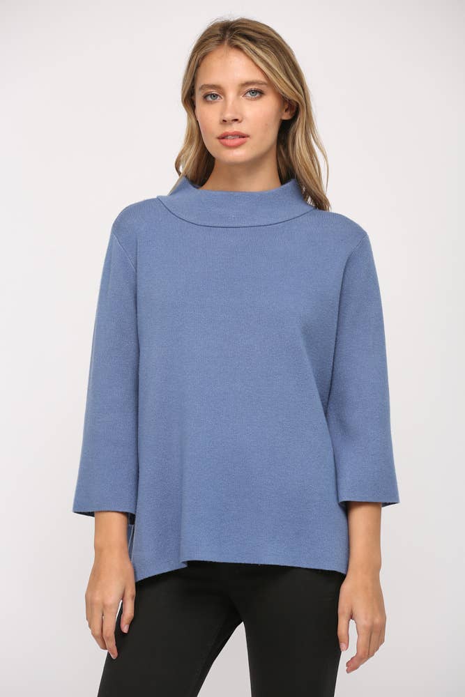 Denim Blue Mock Neck Pull Over Sweater
