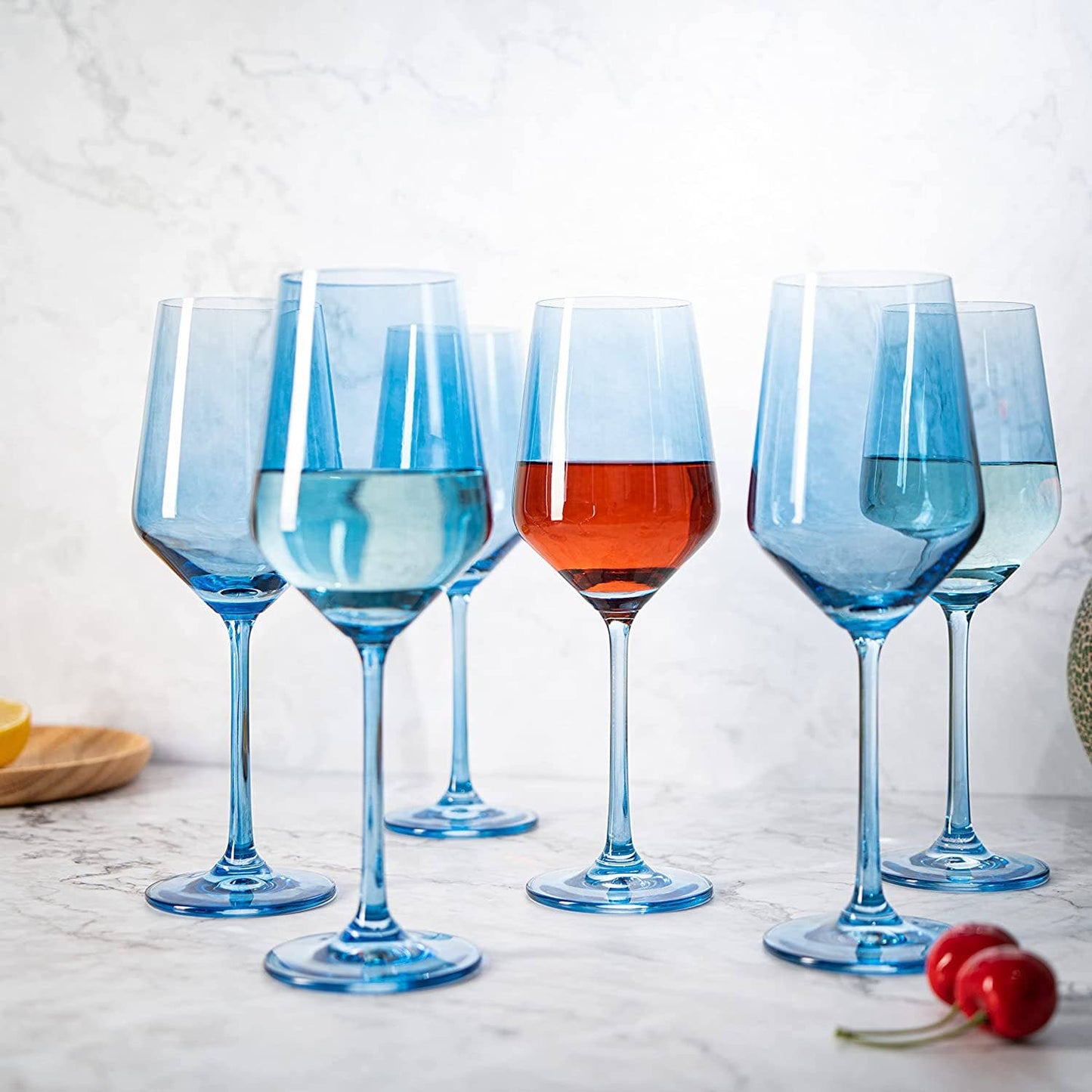 Set of 2 Blue Colored Wine Glasses - 12 oz Hand Blown