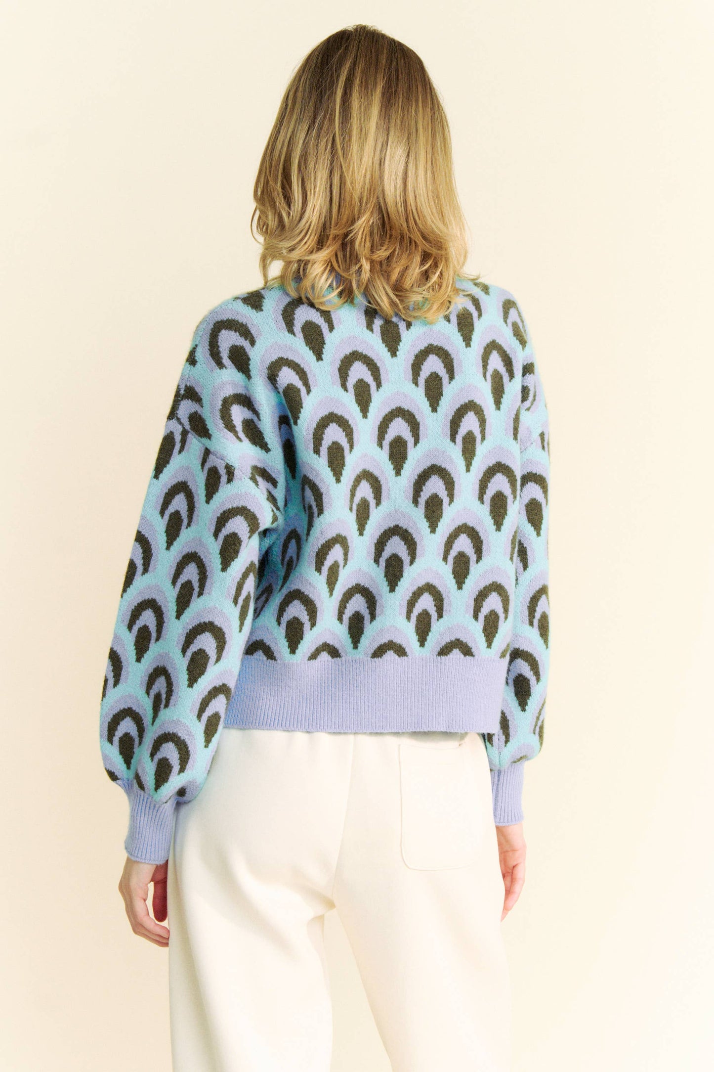 Scale Jacquard Round Neck Loose Fit Knit Sweater