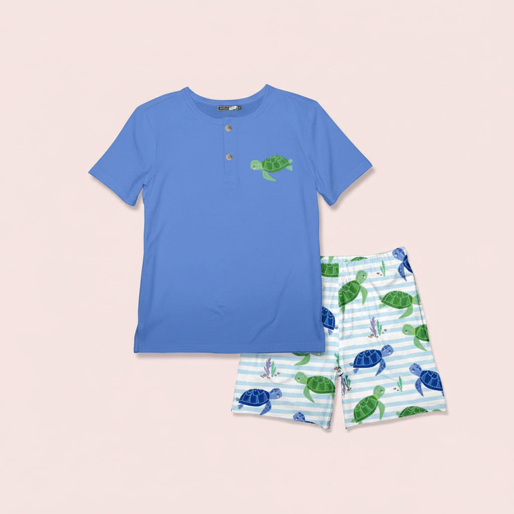 Boys Marina Blue Henley & Swimming Turtle Pocket Shorts