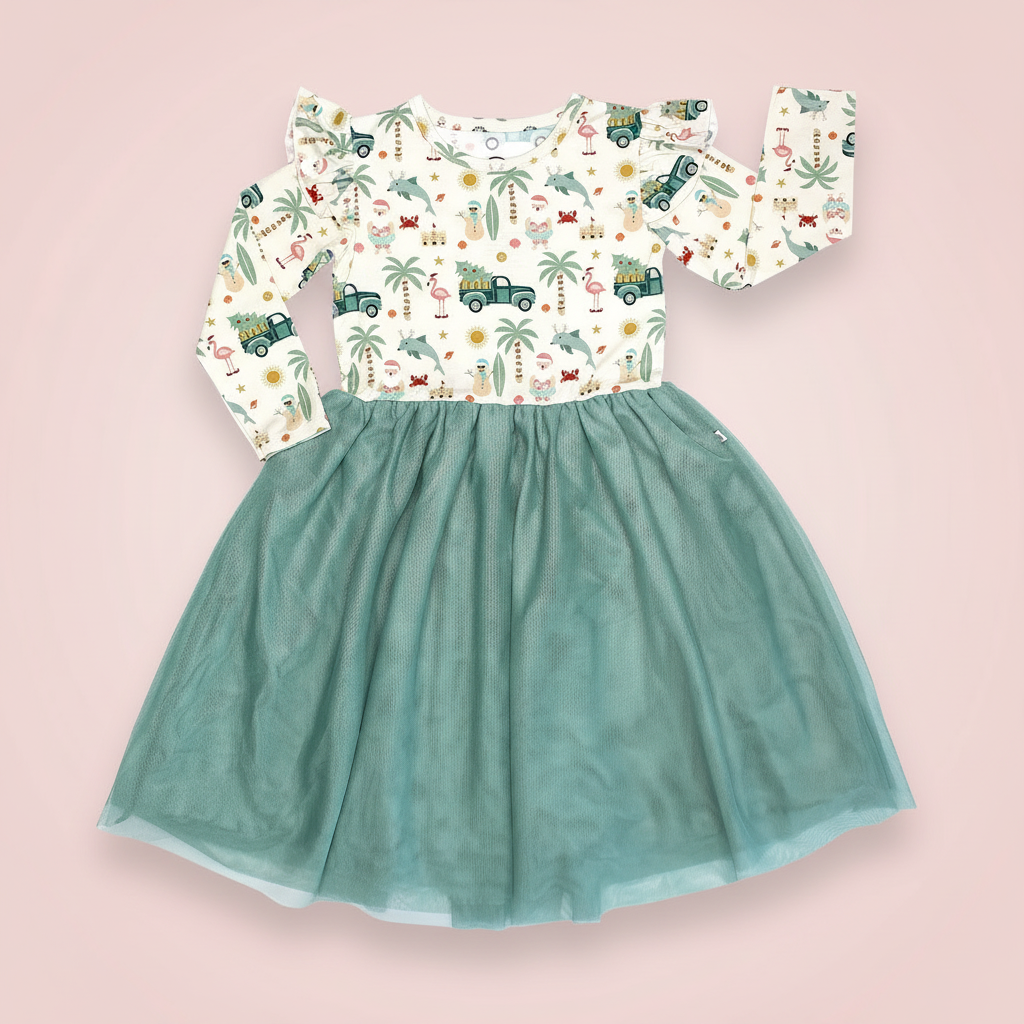 Coastal Christmas Flutter Long Sleeve Tulle Twirl Dress