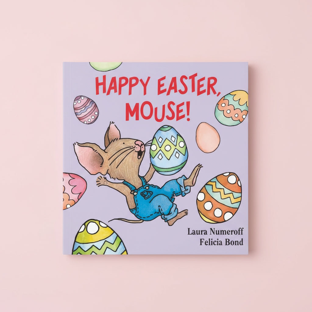 Book cover of 'Happy Easter, Mouse!' with a mouse holding an Easter egg and colorful eggs around.