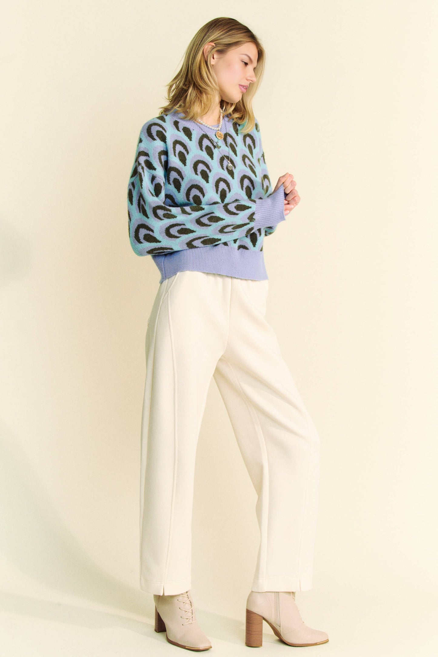 Scale Jacquard Round Neck Loose Fit Knit Sweater