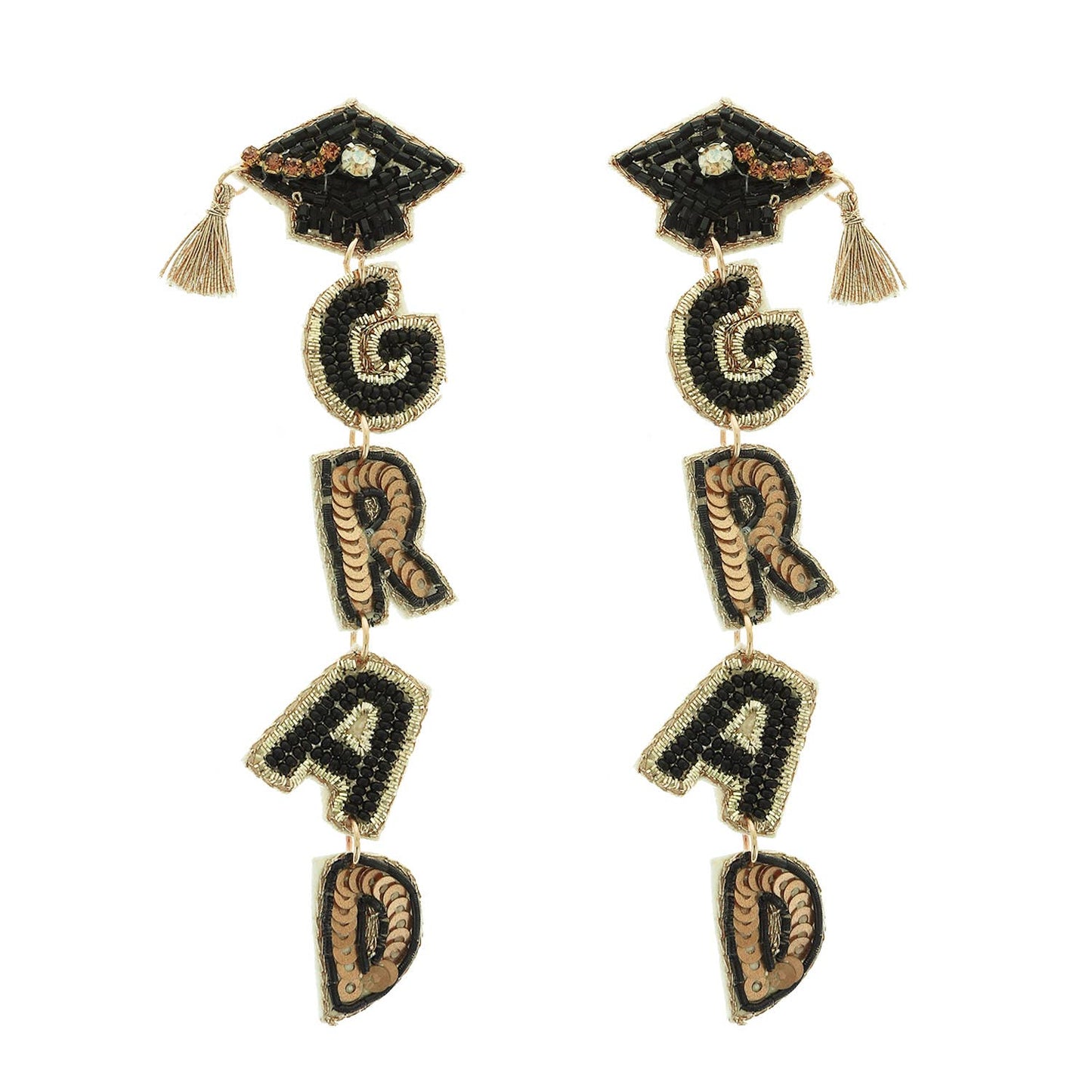 Grad Letter Beaded Sequins Graduate Cap Earrings
