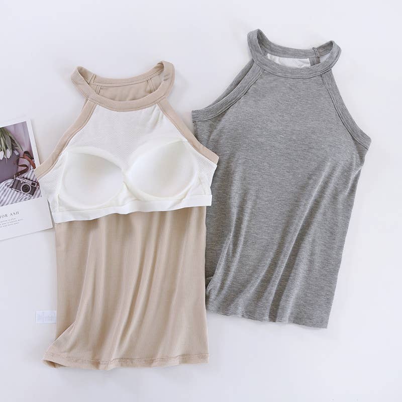 Basic Round Neck Halter Rib Knit Built-In Bra Tank Top