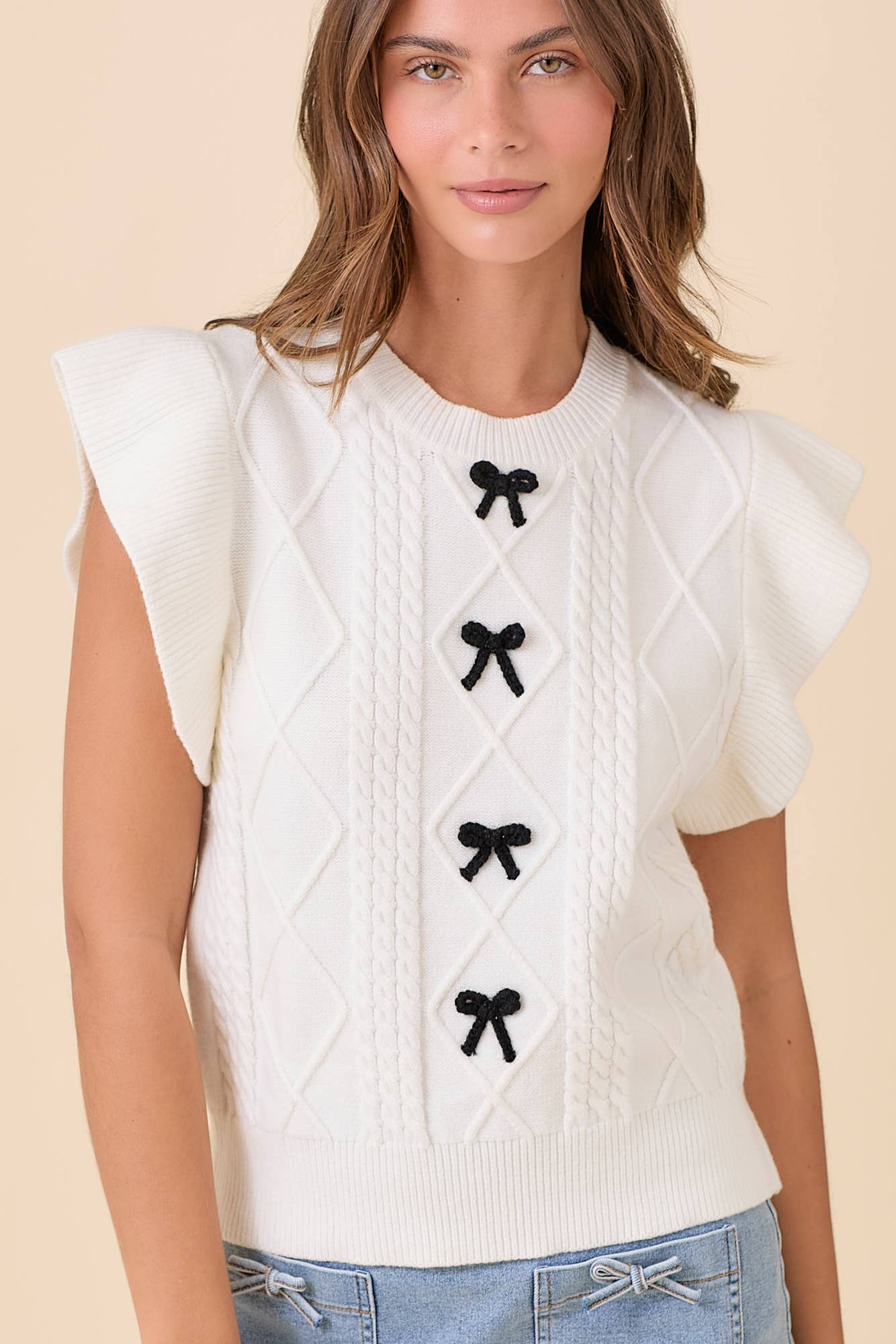 Ruffle Sleeve Sweater Knit Top Ribbon Bow Detail
