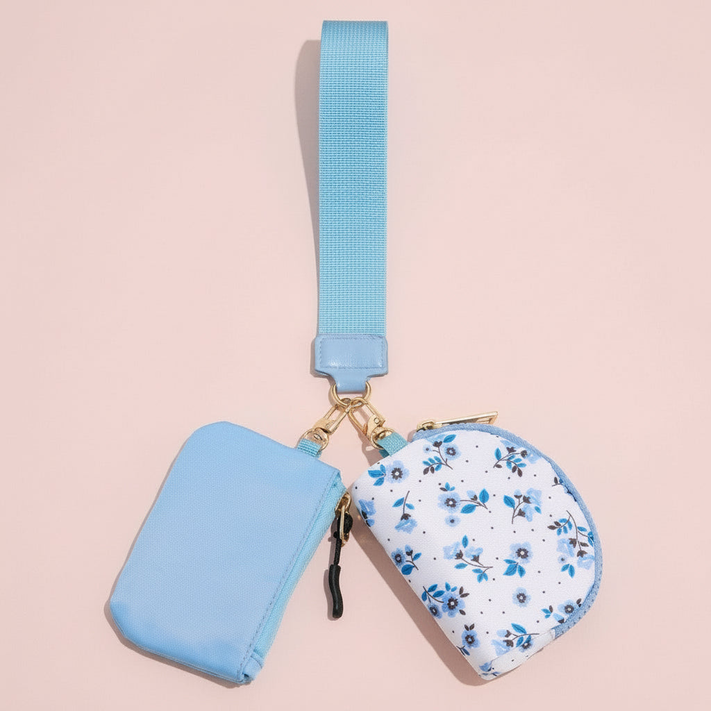 Blue Floral Nylon Pouch Wristlet