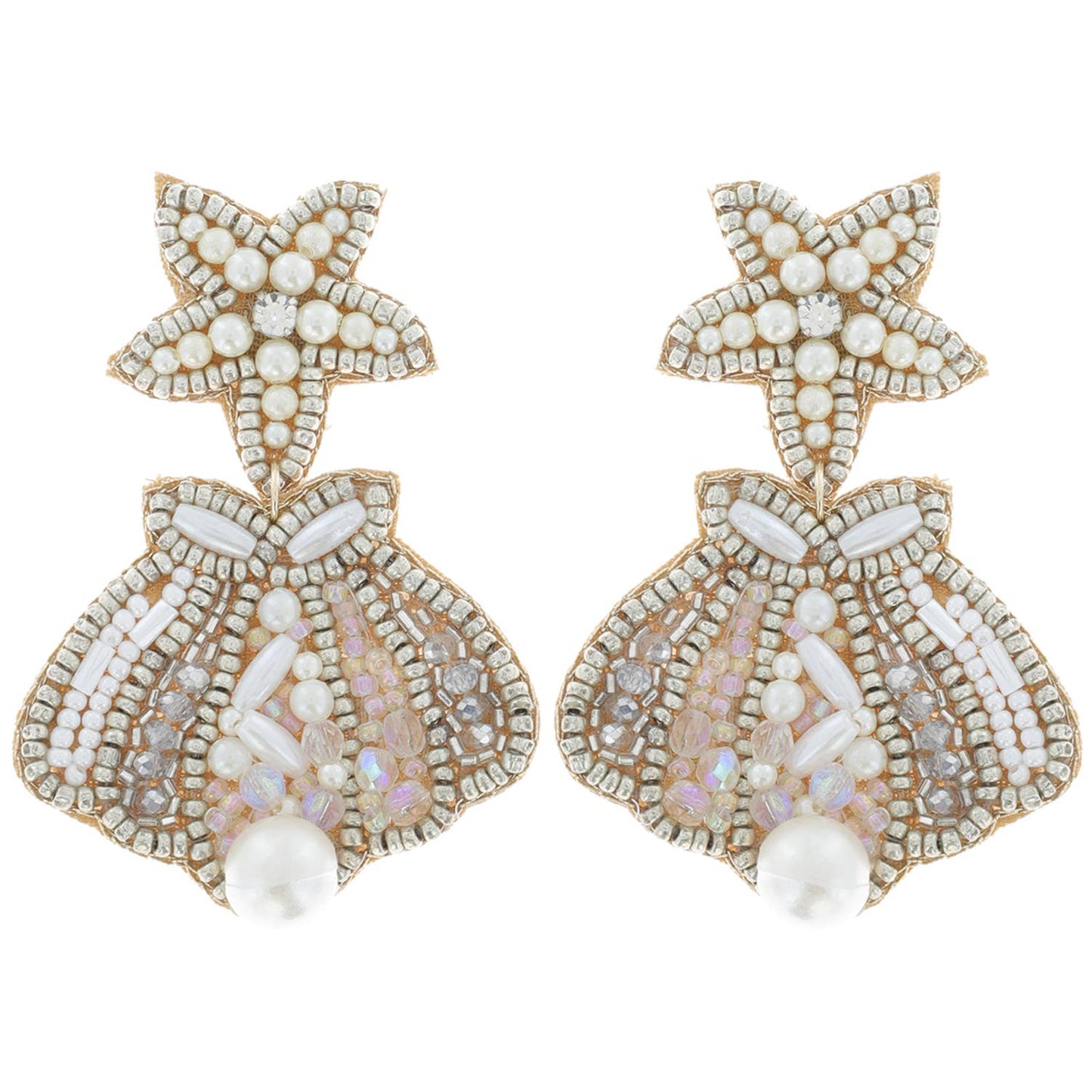 Beaded Starfish Post & Scalloped Sea Shell Dangle Earrings