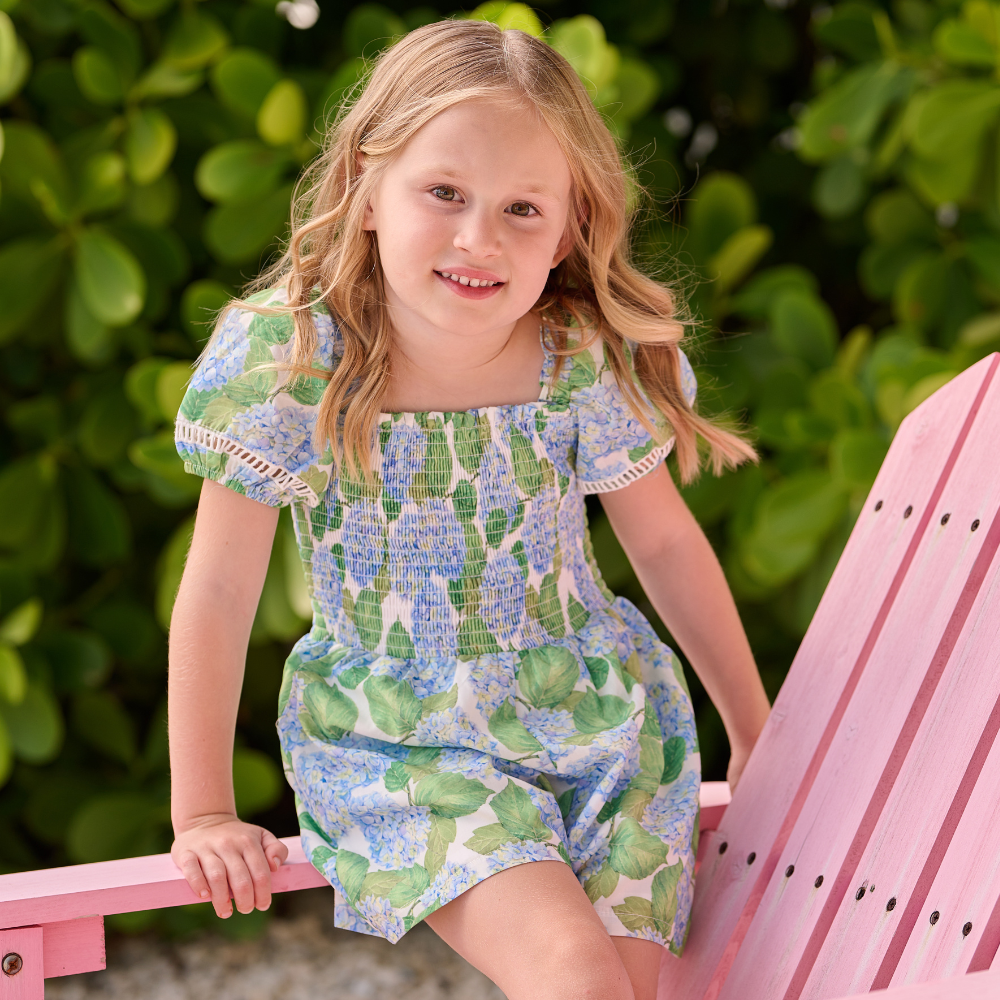 Girls Spring Summer Smocked Romper - Rosie Blue Hydrangeas