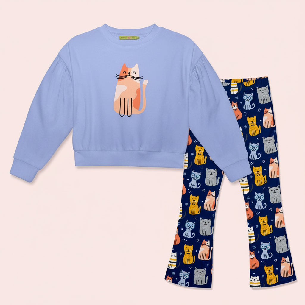 Girls Periwinkle Cat Sweatshirt & Kitty Print Flare Leggings Set