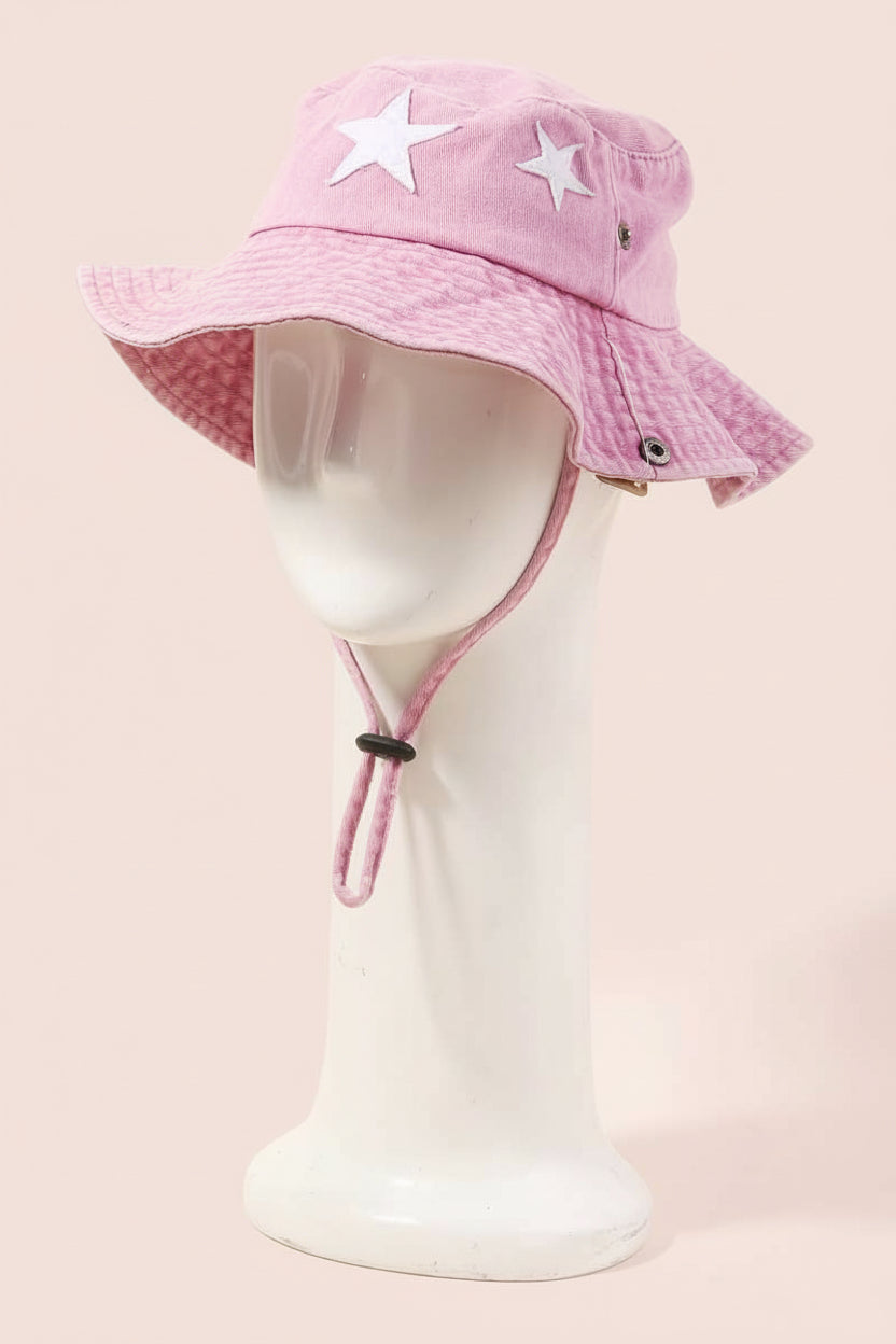Kids Double Star Denim Chin Strap Bucket Hat