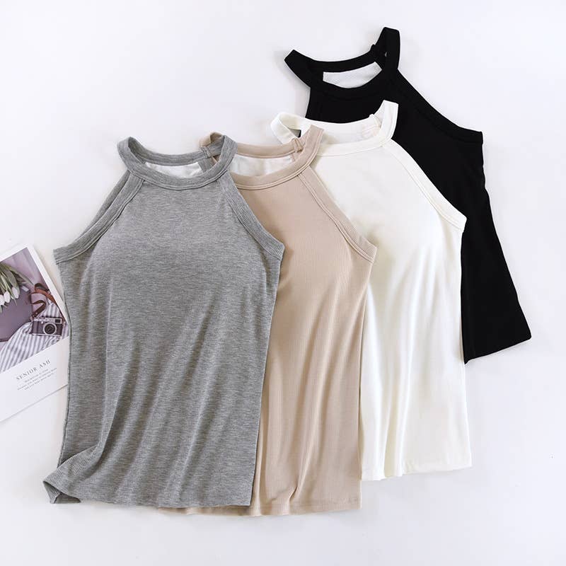 Basic Round Neck Halter Rib Knit Built-In Bra Tank Top