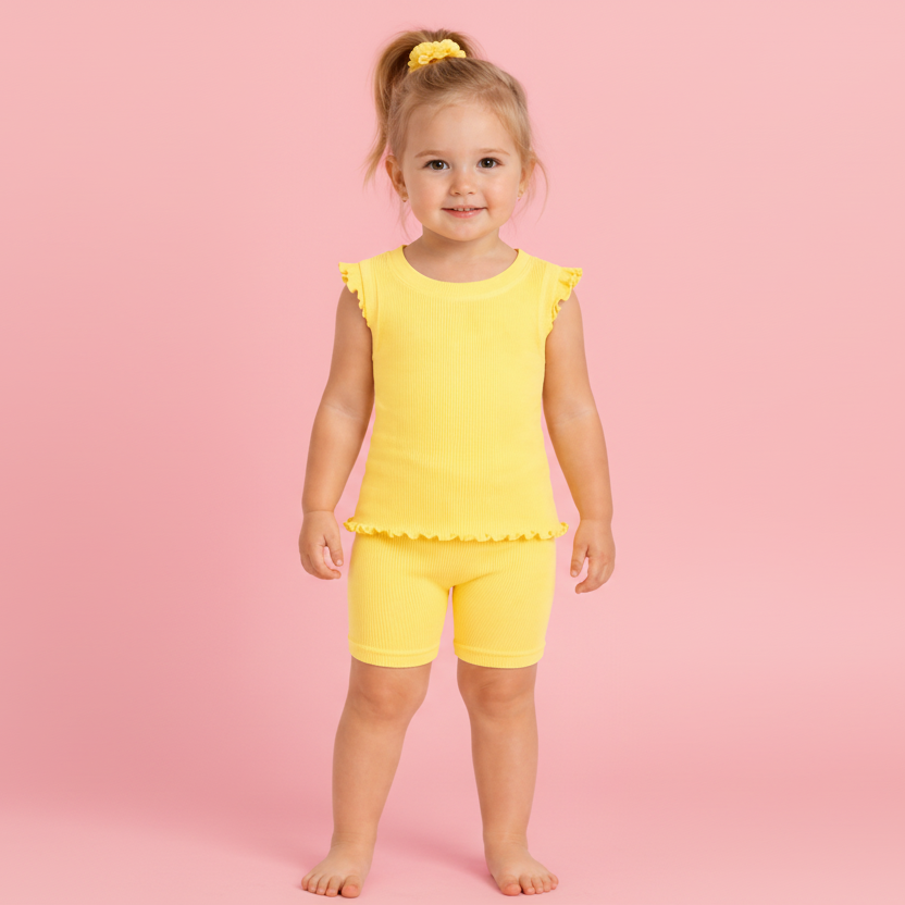 Child wearing a yellow outfit with ruffled sleeves and shorts on a pink background