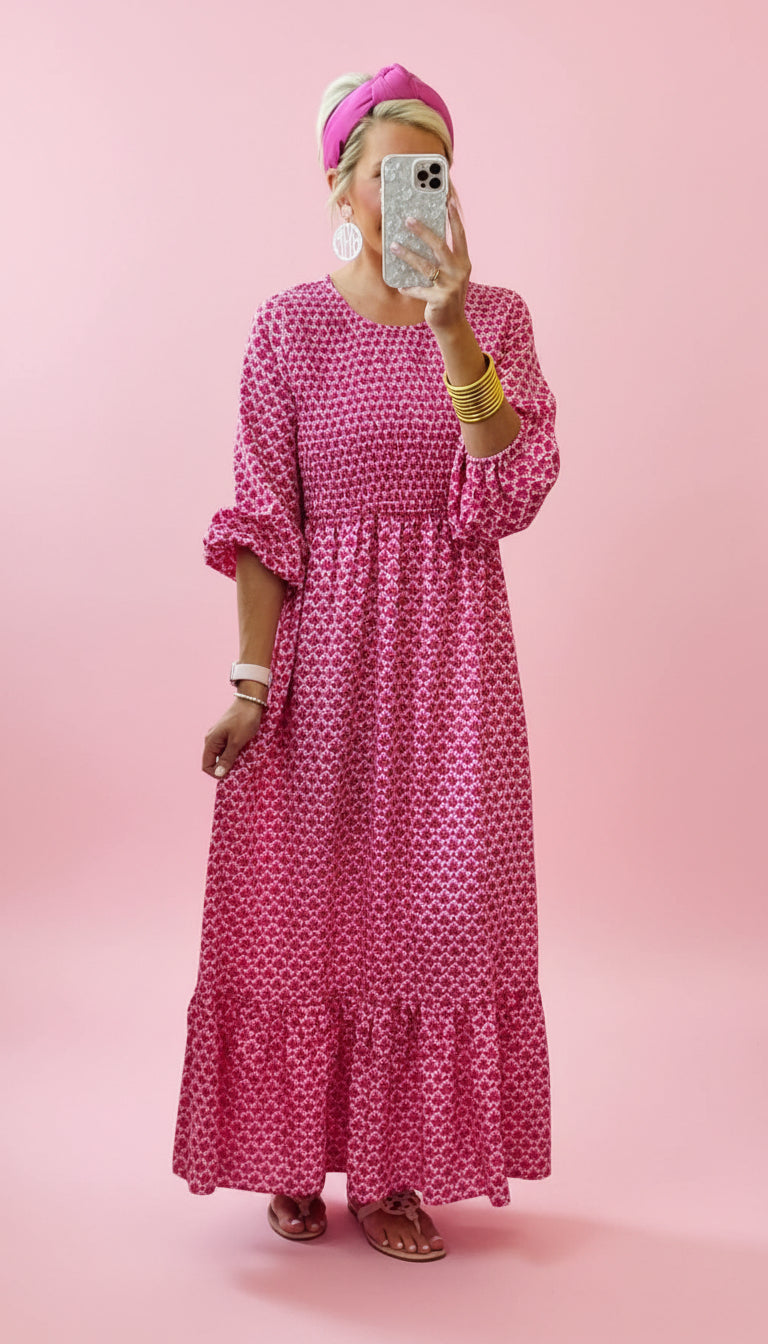 Print Three Quarter Puff Sleeve Maxi Dress
