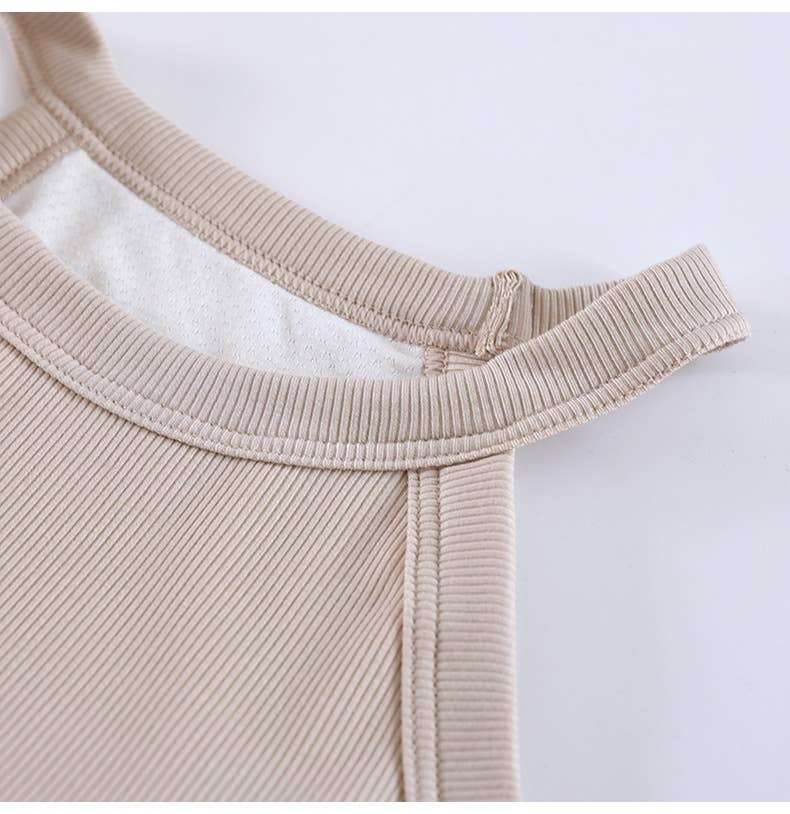 Basic Round Neck Halter Rib Knit Built-In Bra Tank Top