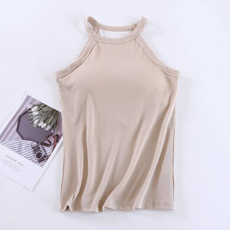 Basic Round Neck Halter Rib Knit Built-In Bra Tank Top