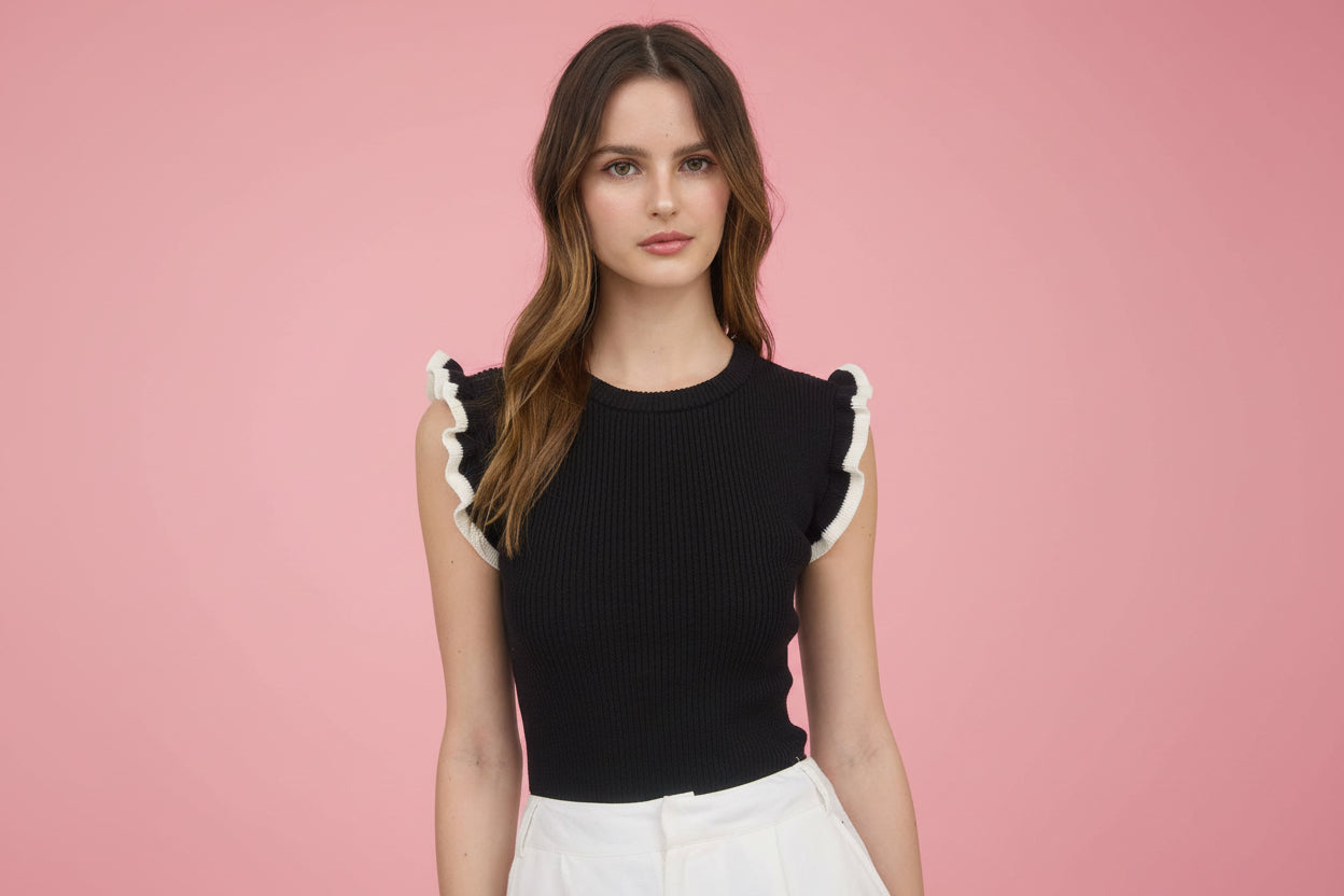 Black Ribbed Ruffle Sleeve Knit Top with Contrast Trim
