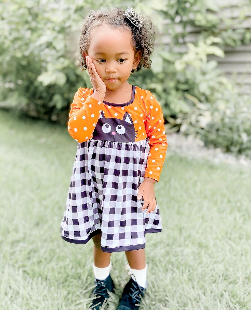 Girls Halloween Orange & Black Cat A-Line Dress