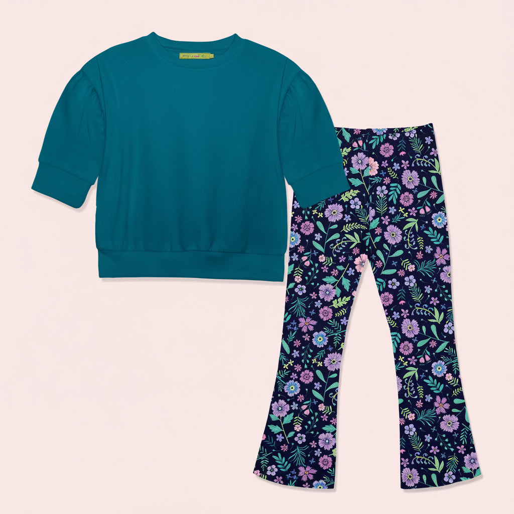 Girls Teal Crewneck Sweatshirt & Floral Flare Leggings