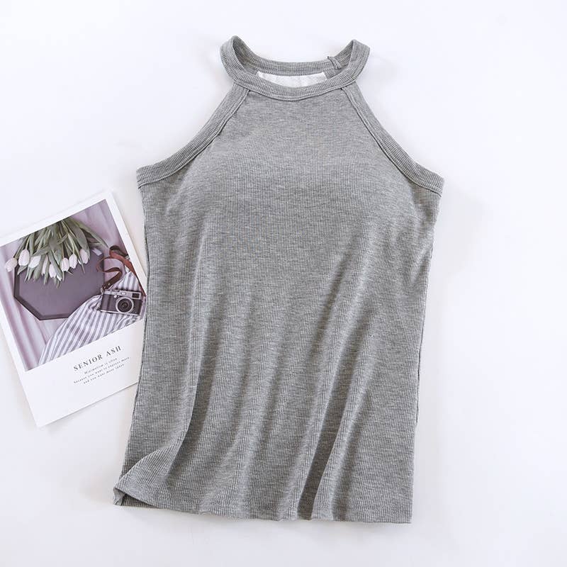 Basic Round Neck Halter Rib Knit Built-In Bra Tank Top