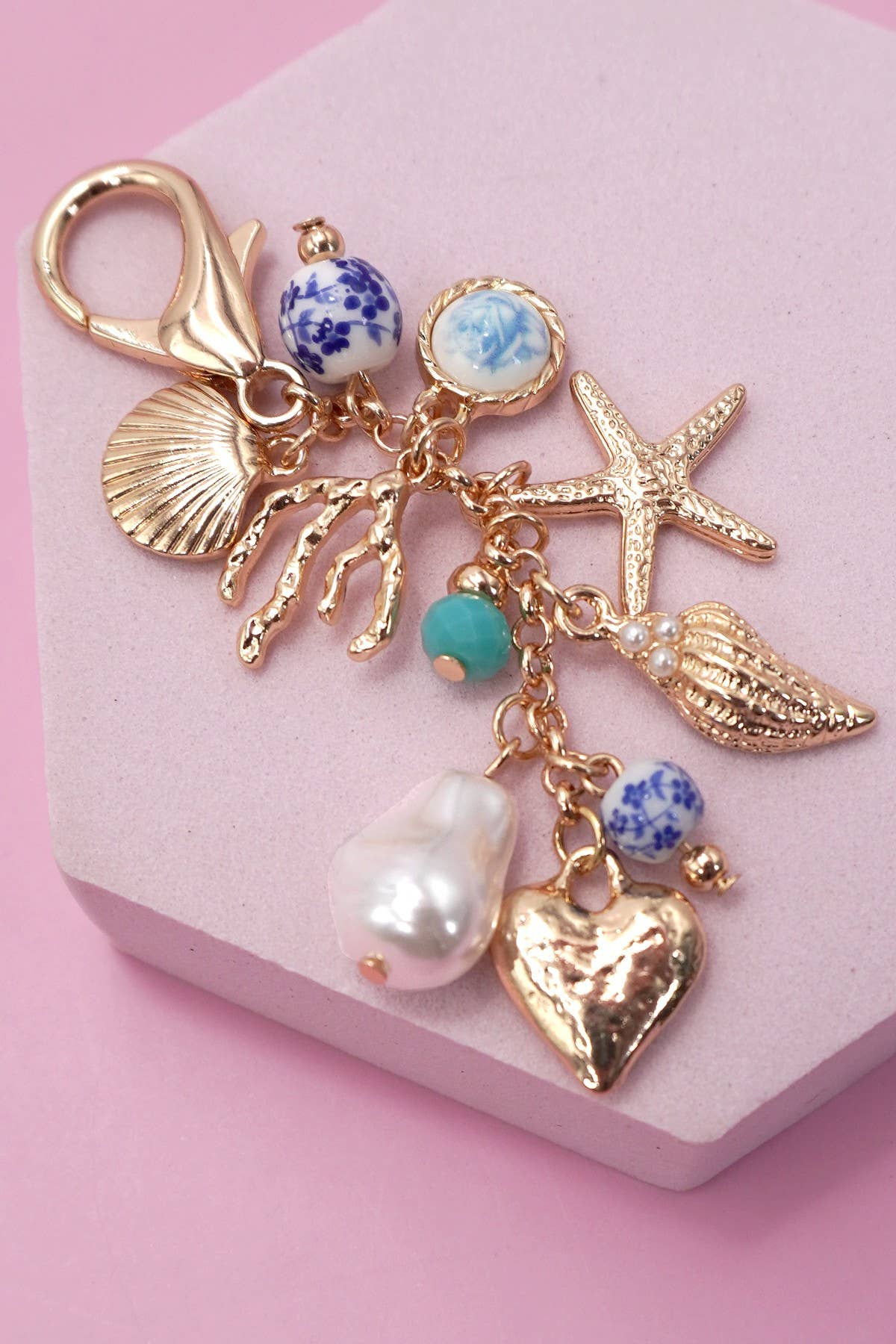 Porcelain Sea Life Pearl Heart Turquoise Bead Bag Charm