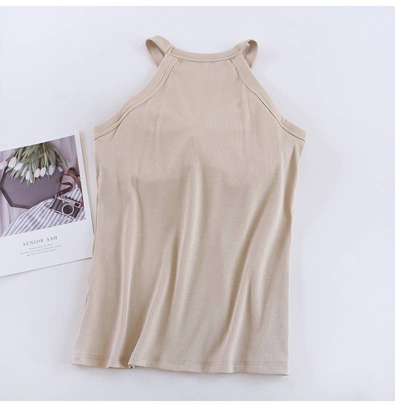 Basic Round Neck Halter Rib Knit Built-In Bra Tank Top