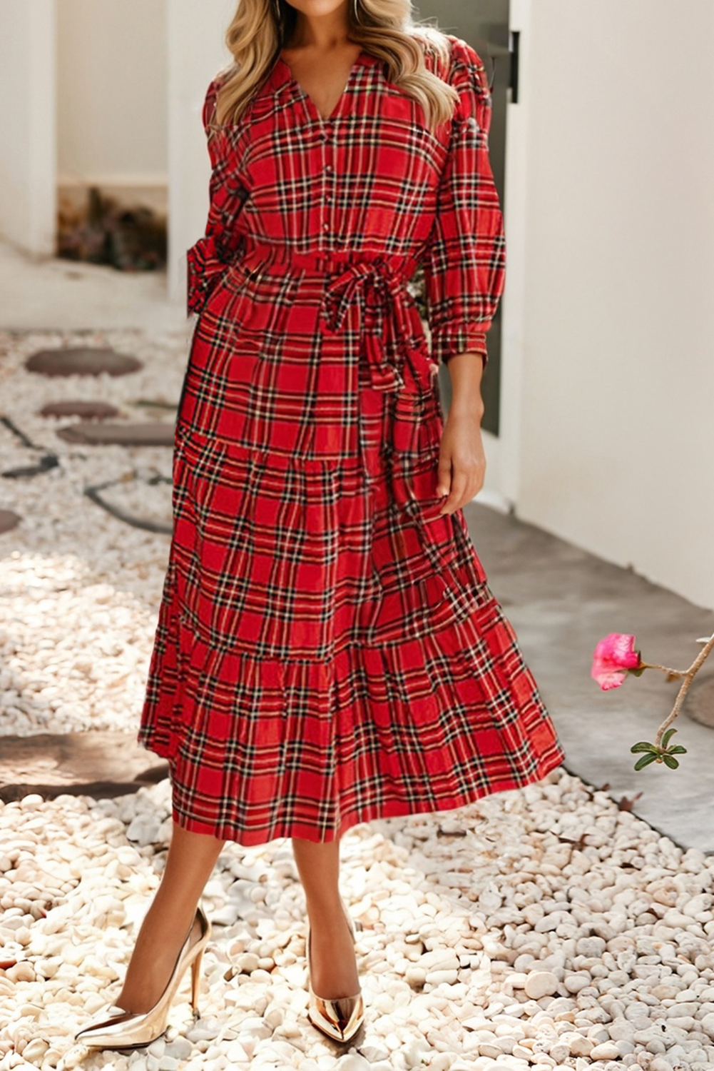 Plaid V Neck 3/4 Sleeve Tie Waist Ruffle Hem Midi Dress