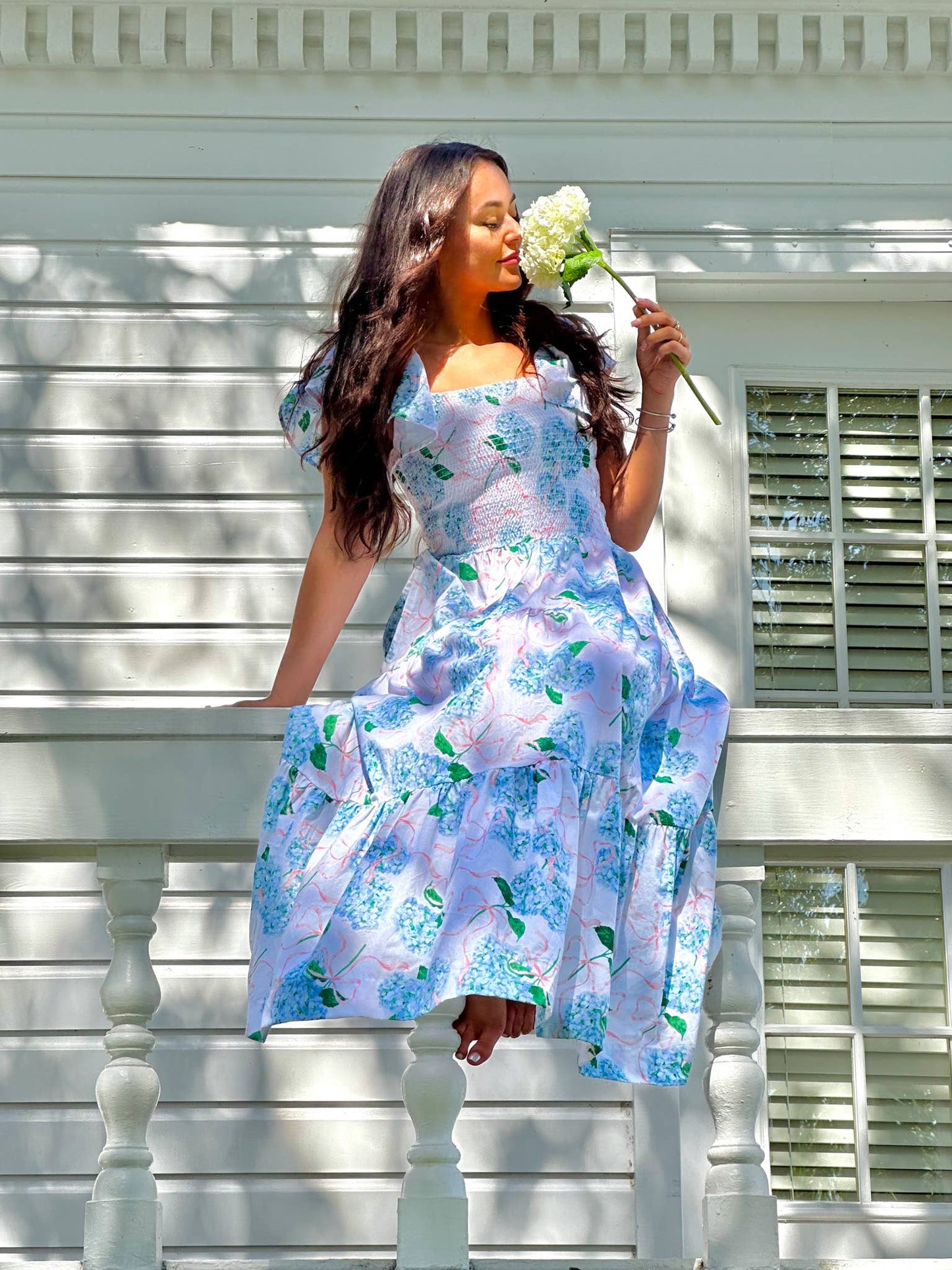 Hydrangea Ribbons Smocked Flutter Sleeve Dress