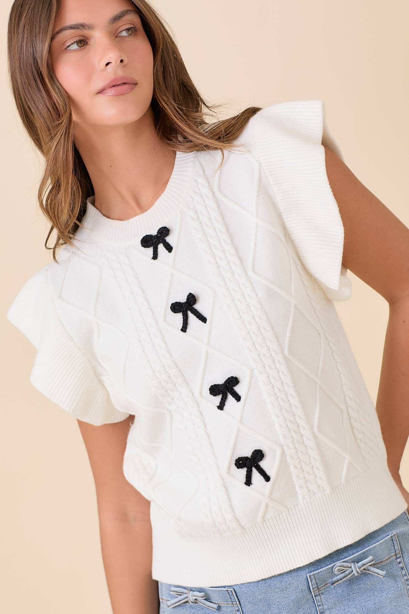 Ruffle Sleeve Sweater Knit Top Ribbon Bow Detail