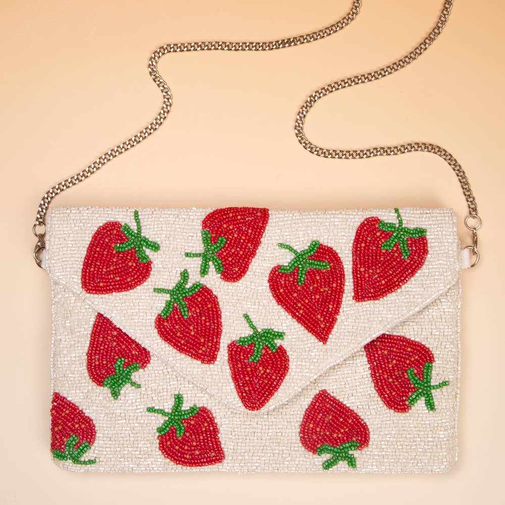 Handmade Seed Bead Strawberry Clutch with Detachable Chain