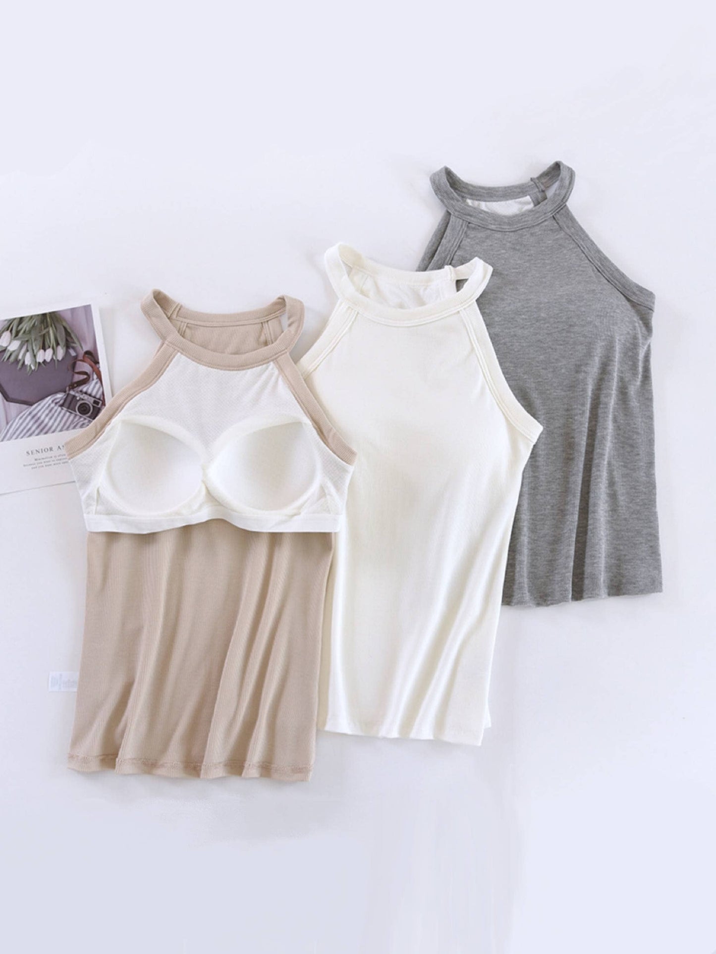 Basic Round Neck Halter Rib Knit Built-In Bra Tank Top