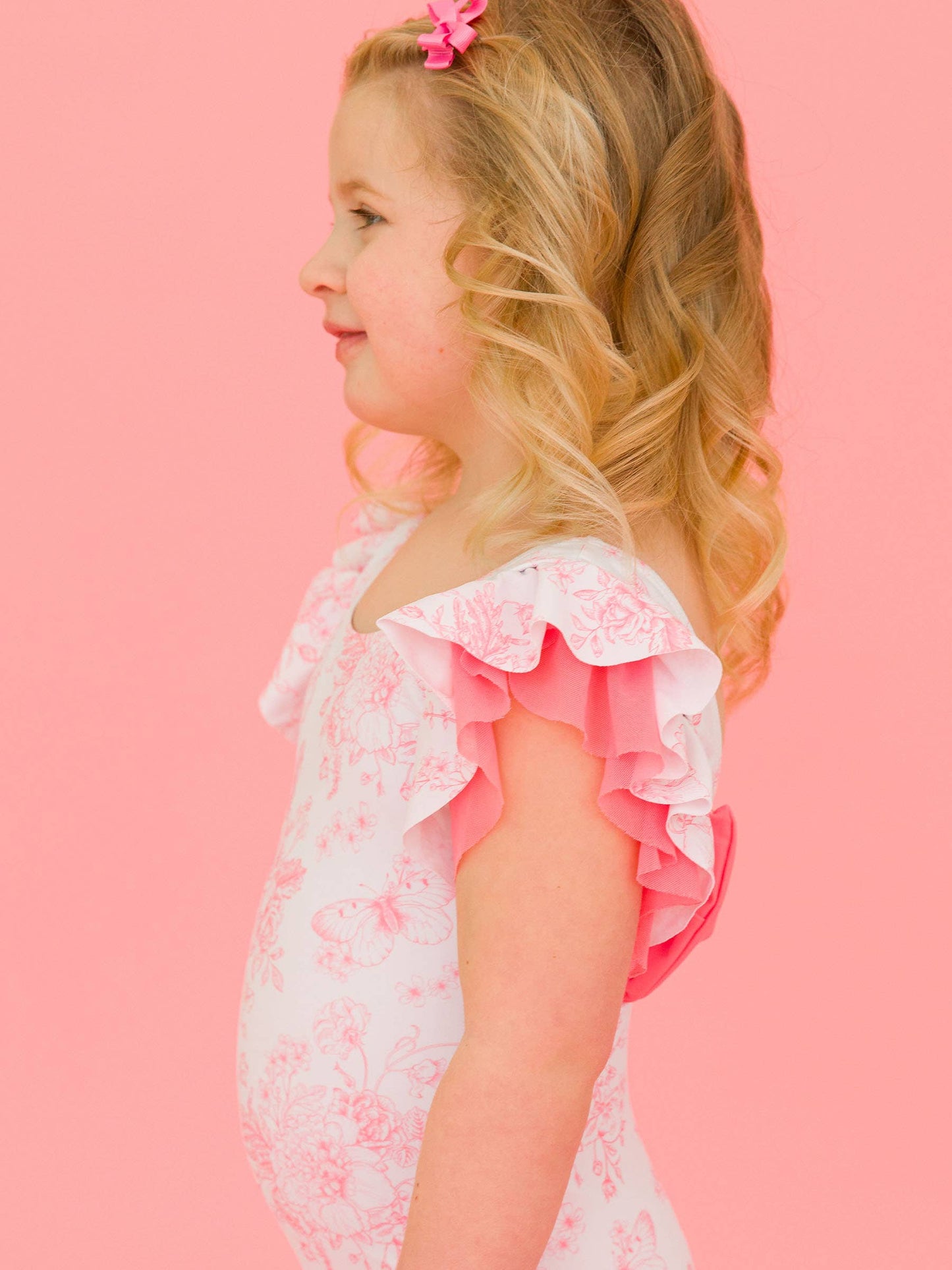 Girls Bubblegum Pink Butterfly Garden Toile Butterfly Sleeve One Piece