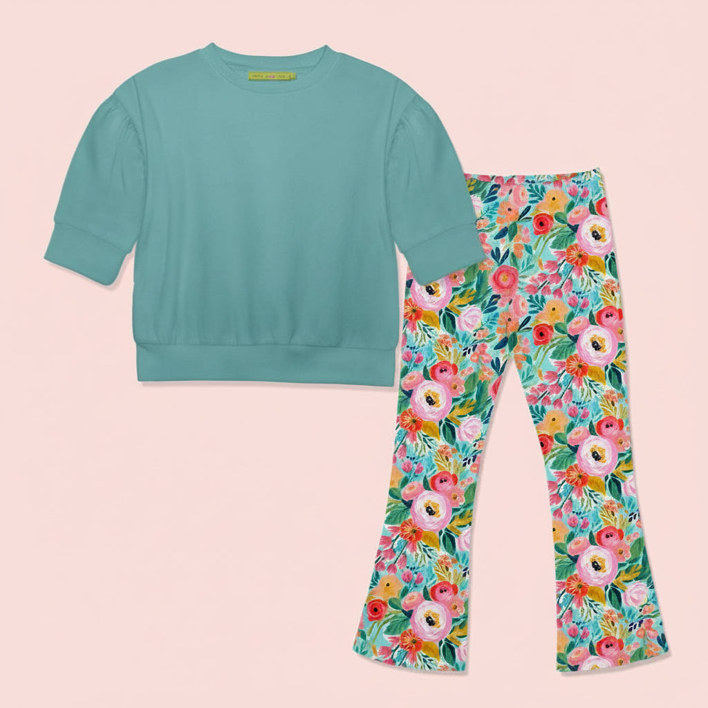 Girls Nile Blue Crewneck Sweatshirt & Floral Flare Leggings